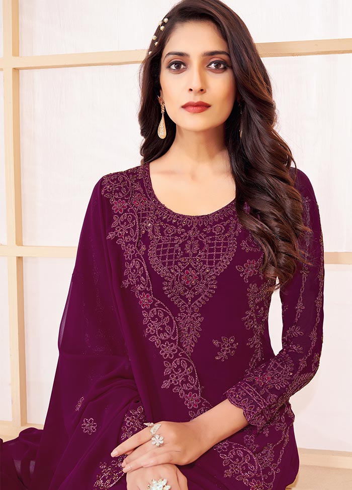 Wine Red 3 Pc Unstitched Georgette Suit Set With Dupatta