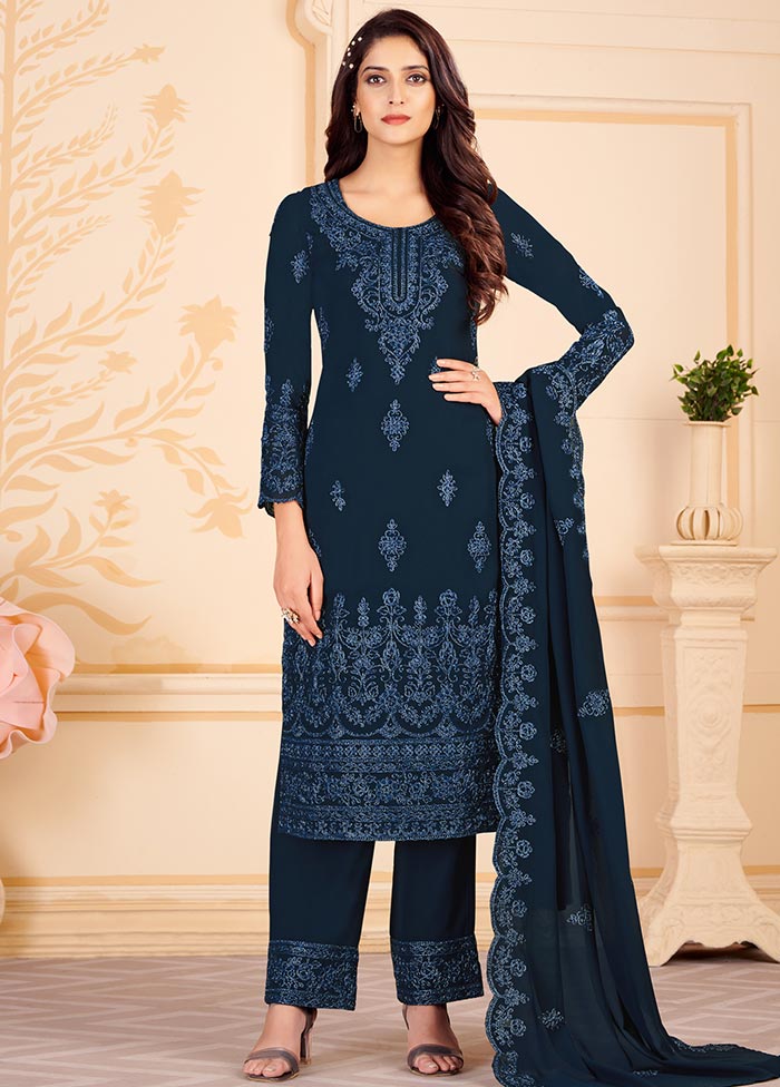 Navy Blue 3 Pc Unstitched Georgette Suit Set With Dupatta