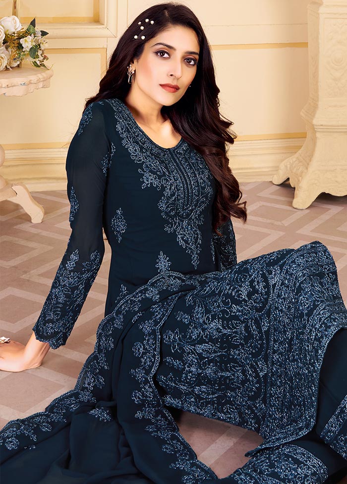 Navy Blue 3 Pc Unstitched Georgette Suit Set With Dupatta