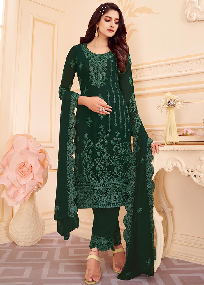 Green 3 Pc Unstitched Georgette Suit Set With Dupatta