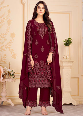 Maroon 3 Pc Unstitched Georgette Suit Set With Dupatta