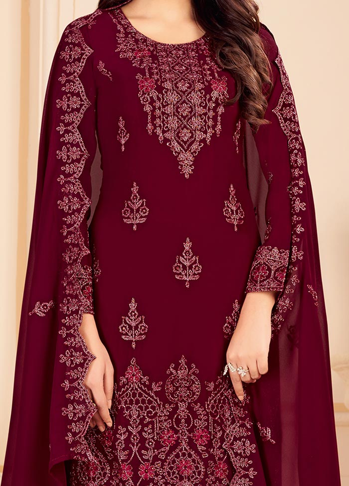 Maroon 3 Pc Unstitched Georgette Suit Set With Dupatta