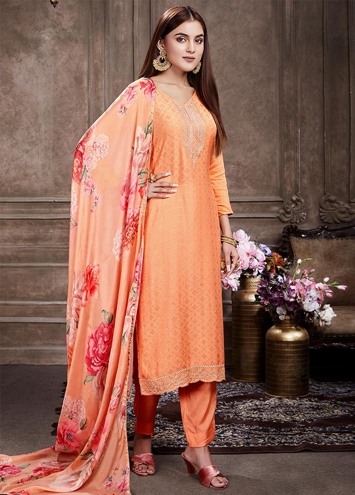 Peach 3 Pc Unstitched Muslin Suit Set With Dupatta