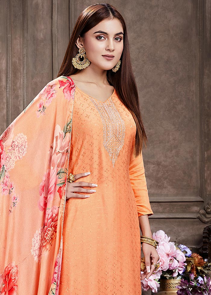 Peach 3 Pc Unstitched Muslin Suit Set With Dupatta