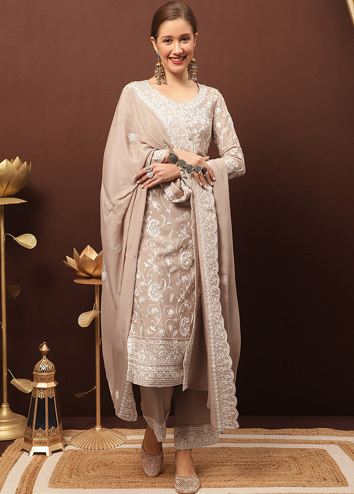 3 Pc Beige Unstitched Suit Set With Dupatta