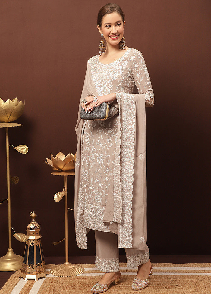 3 Pc Beige Unstitched Suit Set With Dupatta