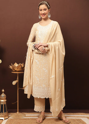 3 Pc Beige Unstitched Suit Set With Dupatta