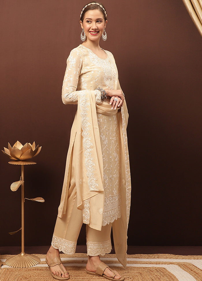 3 Pc Beige Unstitched Suit Set With Dupatta