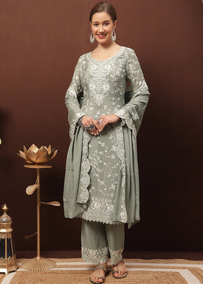 3 Pc Grey Unstitched Suit Set With Dupatta