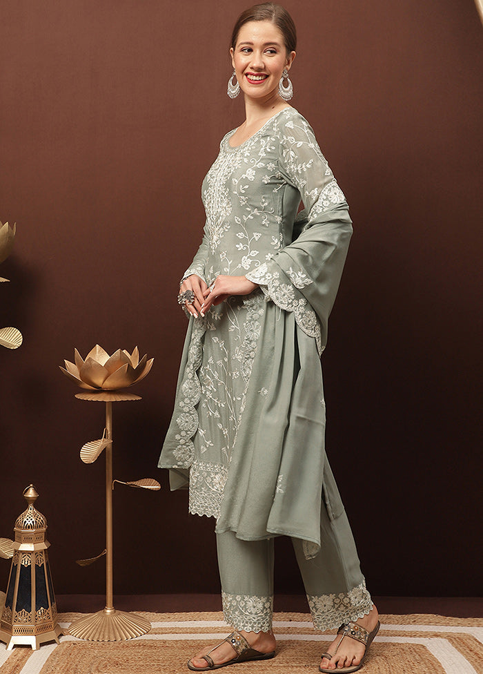 3 Pc Grey Unstitched Suit Set With Dupatta