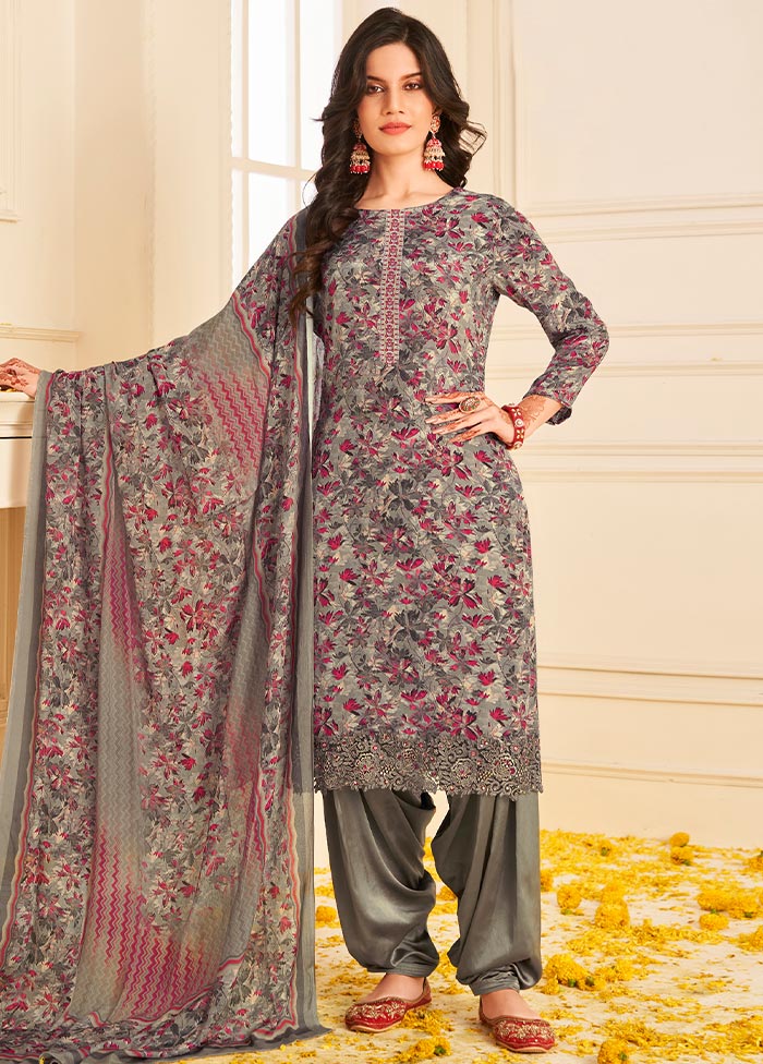 3 Pc Unstitched Grey Crepe Suit Set With Dupatta