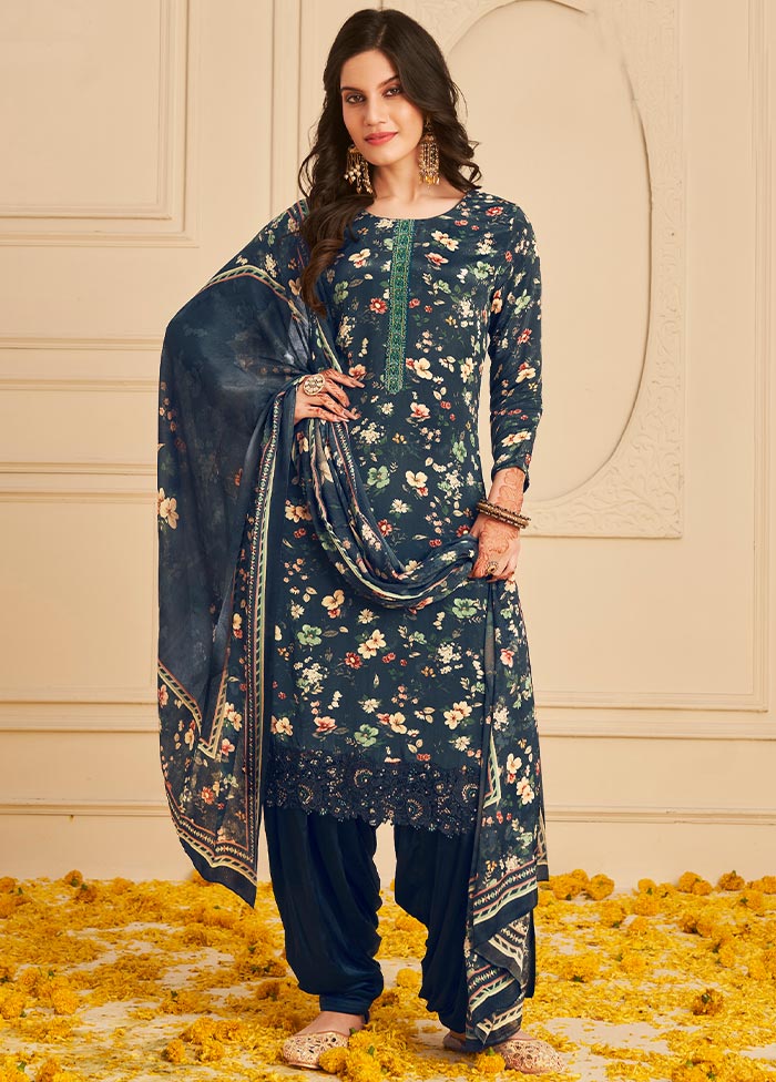 3 Pc Unstitched Navy Blue Crepe Suit Set With Dupatta