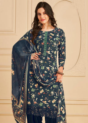 3 Pc Unstitched Navy Blue Crepe Suit Set With Dupatta