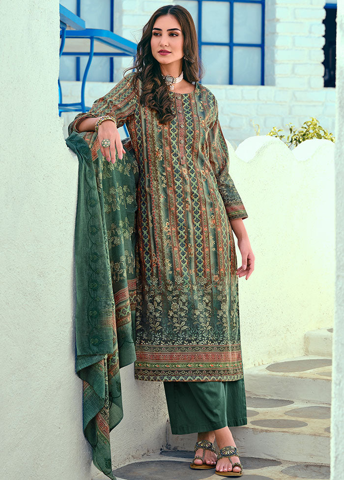 3 Pc Green Unstitched Suit Set With Dupatta