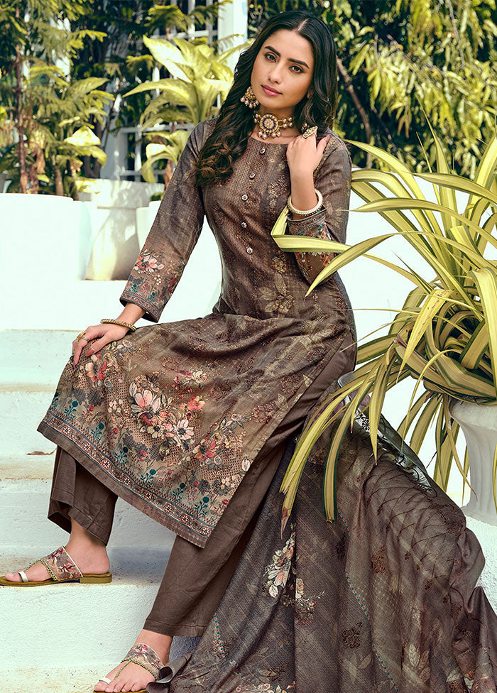 3 Pc Brown Unstitched Suit Set With Dupatta