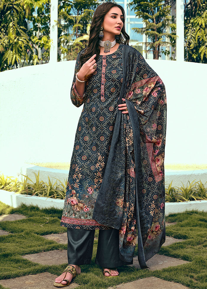 3 Pc Navy Blue Unstitched Suit Set With Dupatta