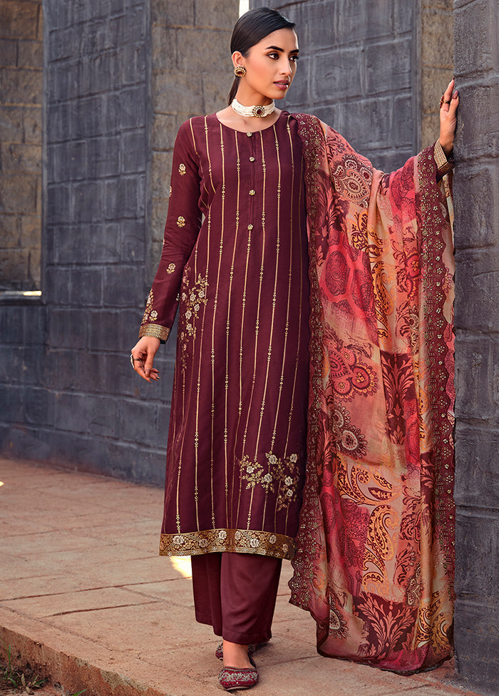 3 Pc Maroon Unstitched Suit Set With Dupatta