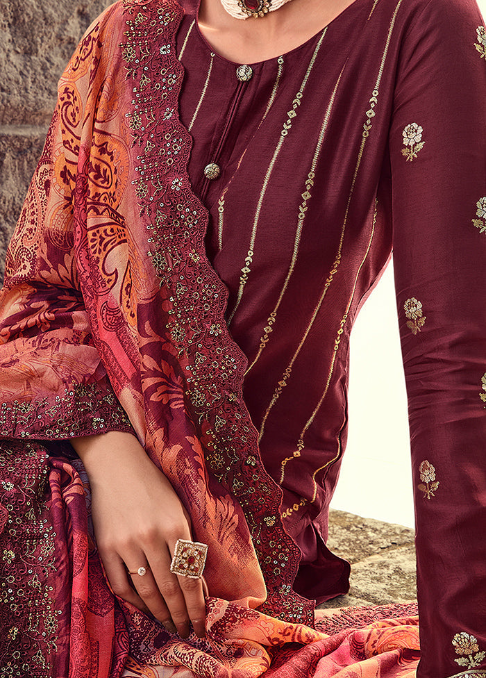 3 Pc Maroon Unstitched Suit Set With Dupatta