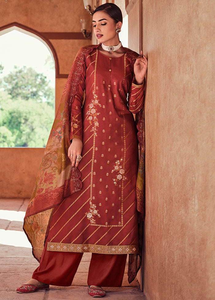 3 Pc Rust Unstitched Suit Set With Dupatta