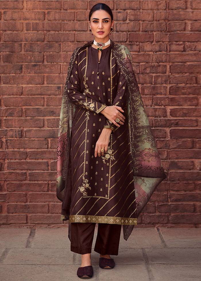 3 Pc Brown Unstitched Suit Set With Dupatta