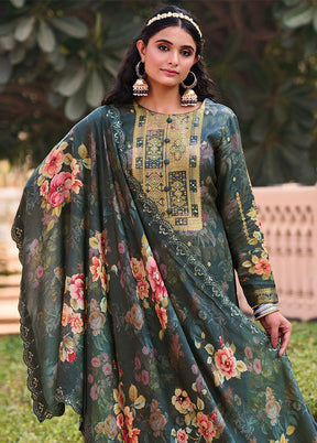 3 Pc Green Unstitched Suit Set With Dupatta