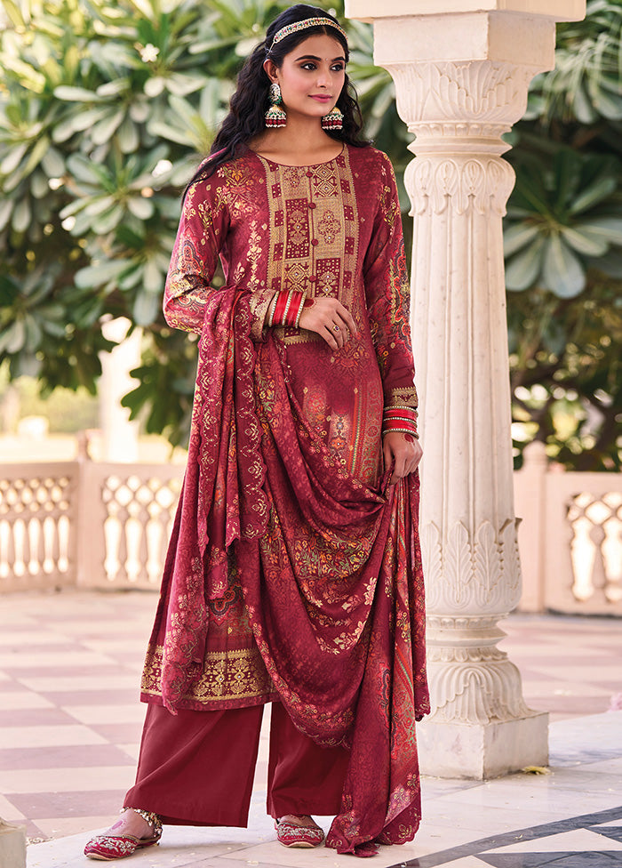 3 Pc Maroon Unstitched Suit Set With Dupatta