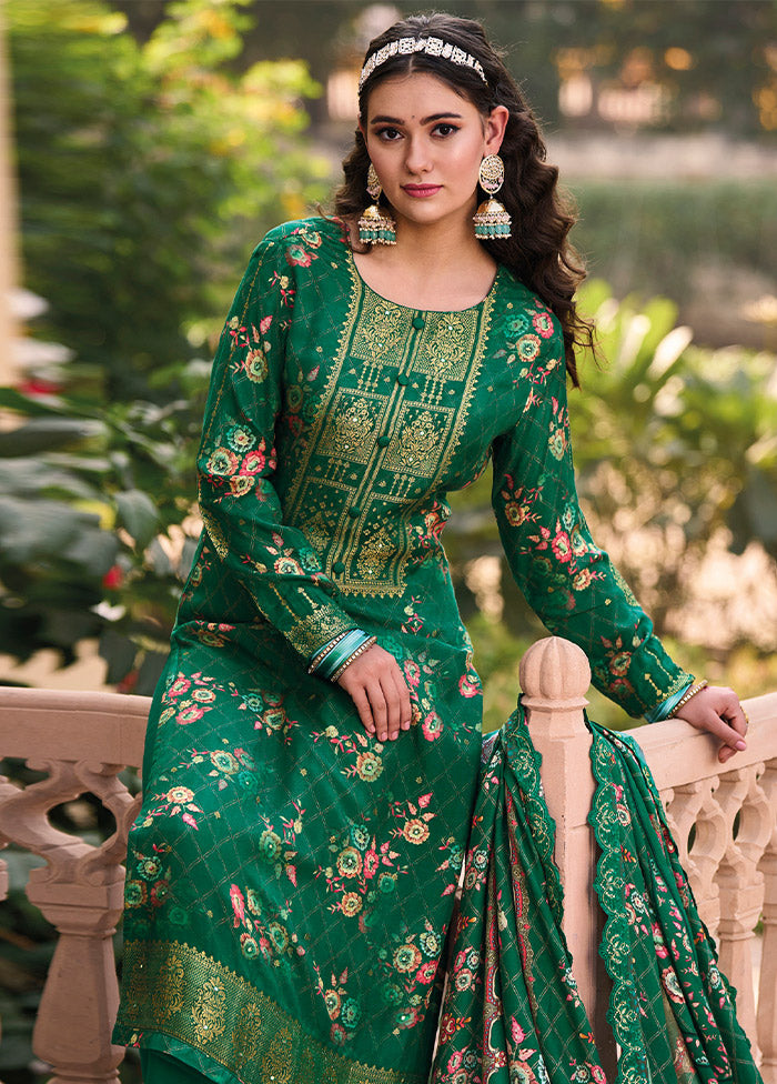 3 Pc Green Unstitched Suit Set With Dupatta