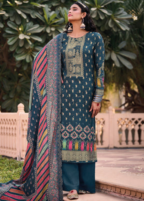 3 Pc Blue Unstitched Suit Set With Dupatta