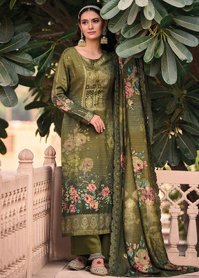 3 Pc Olive Green Unstitched Suit Set With Dupatta