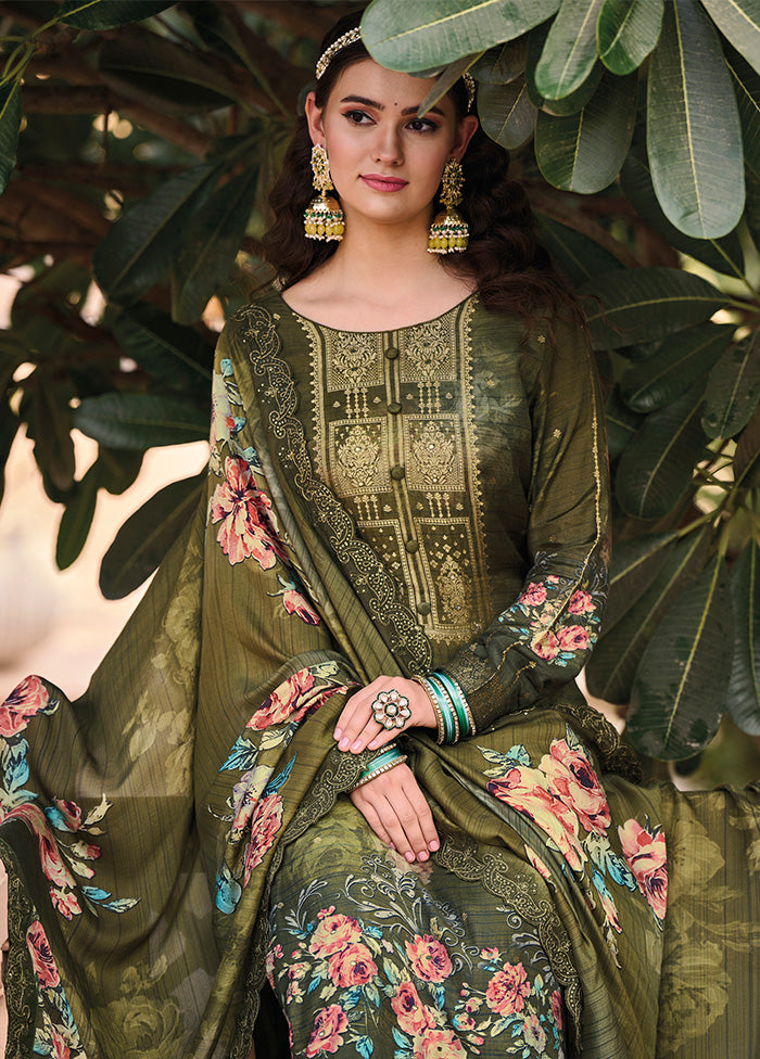 3 Pc Olive Green Unstitched Suit Set With Dupatta