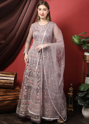 3 Pc Grey Unstitched Suit Set With Dupatta