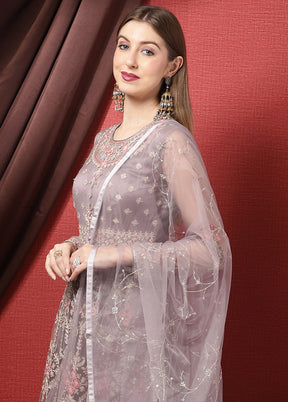 3 Pc Grey Unstitched Suit Set With Dupatta