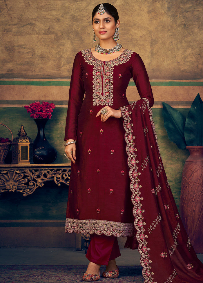 3 Pc Maroon Unstitched Suit Set With Dupatta