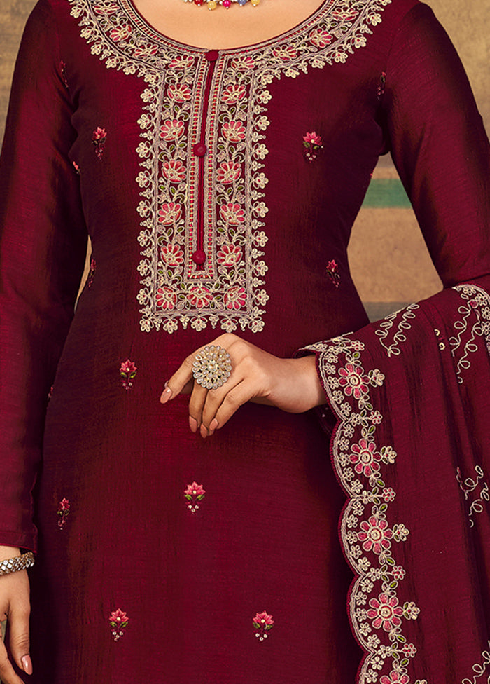 3 Pc Maroon Unstitched Suit Set With Dupatta