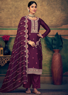 3 Pc Burgundy Unstitched Suit Set With Dupatta