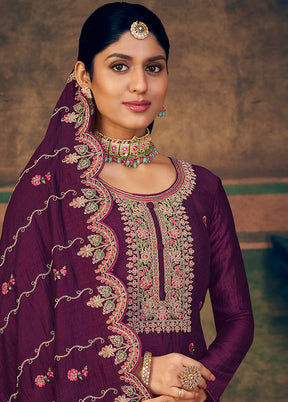 3 Pc Burgundy Unstitched Suit Set With Dupatta