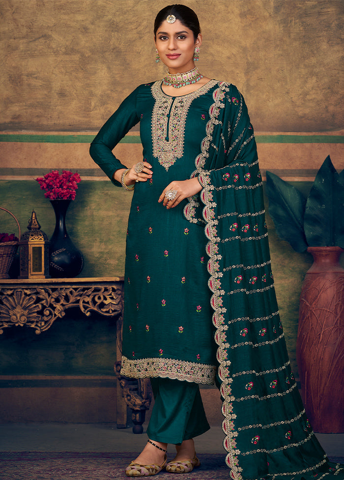 3 Pc Sea Green Unstitched Suit Set With Dupatta