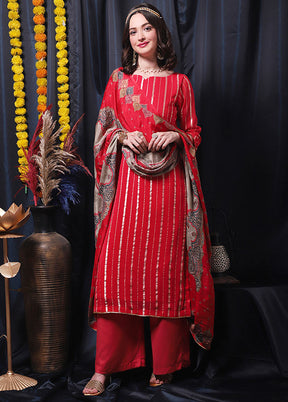 3 Pc Red Unstitched Salwar Suit Set With Dupatta