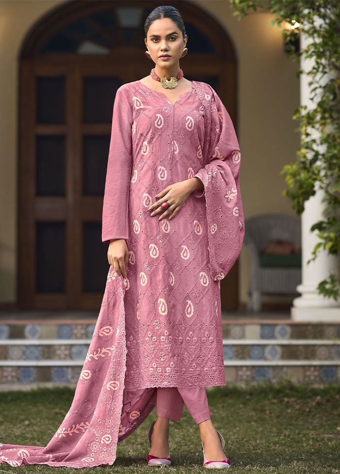 3 Pc Pink Unstitched Pure Cotton Thread Work Suit Set