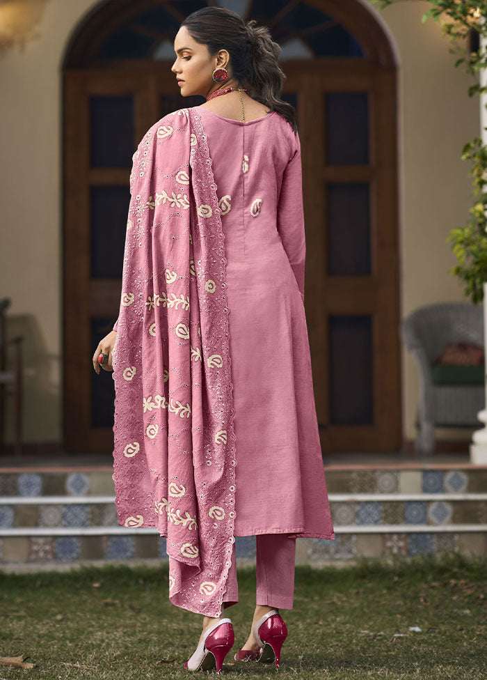 3 Pc Pink Unstitched Pure Cotton Thread Work Suit Set