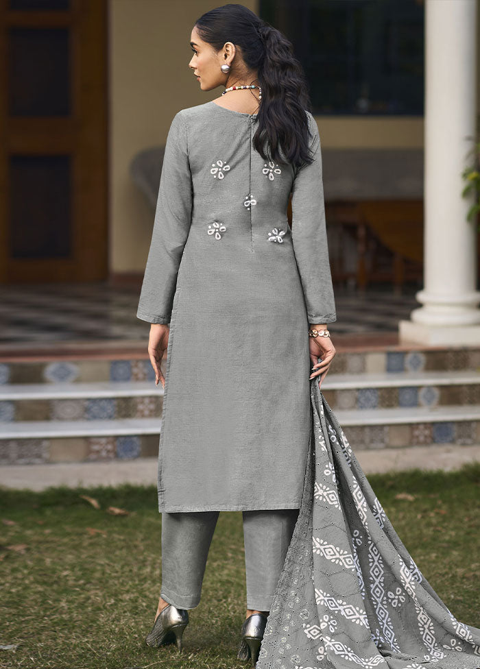 3 Pc Grey Unstitched Pure Cotton Thread Work Suit Set