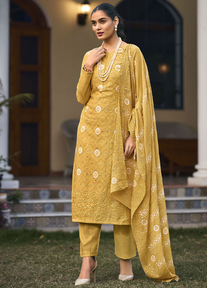 3 Pc Yellow Unstitched Pure Cotton Thread Work Suit Set