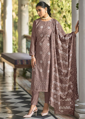 3 Pc Brown Unstitched Pure Cotton Thread Work Suit Set