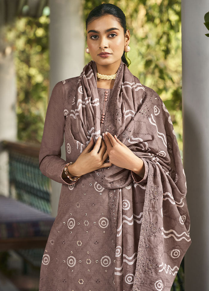 3 Pc Brown Unstitched Pure Cotton Thread Work Suit Set