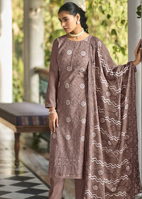 3 Pc Brown Unstitched Pure Cotton Thread Work Suit Set