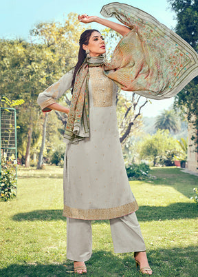 3 Pc Grey Unstitched Pure Silk Suit Set