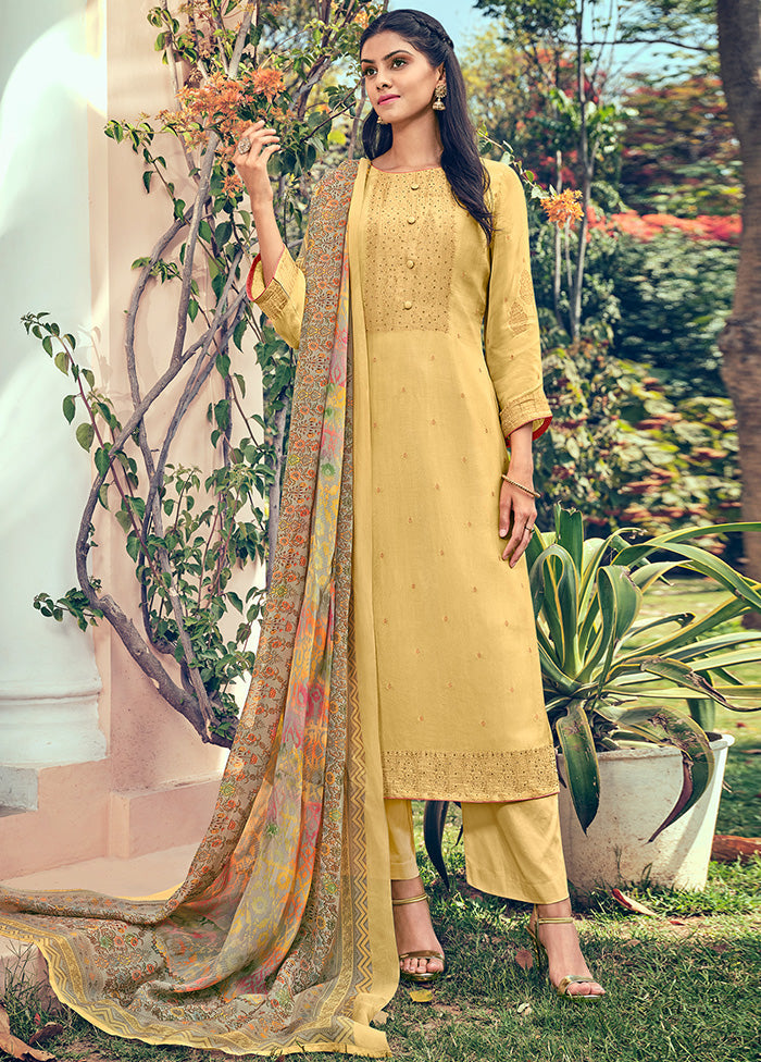 3 Pc Yellow Unstitched Pure Silk Suit Set