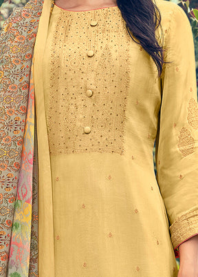 3 Pc Yellow Unstitched Pure Silk Suit Set