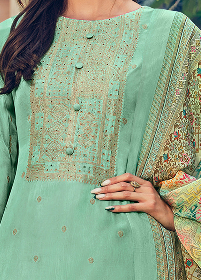 3 Pc Turquoise Unstitched Pure Silk Suit Set