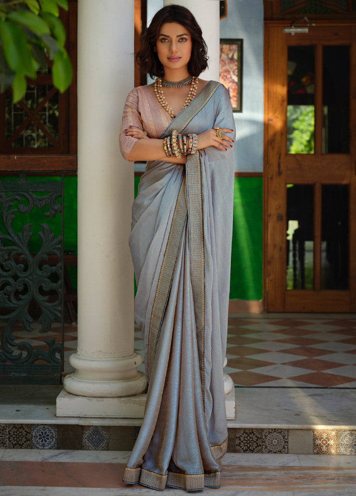 Grey Spun Silk Zari Woven Saree With Blouse Piece